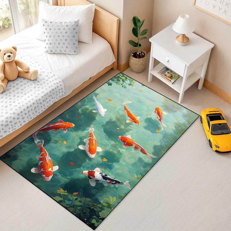 Koi Fish Kids Room Rug, Water Animal Nursery Carpet, Calm Ocean Style ...