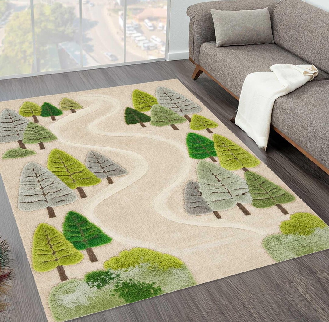 Forest Path Area Rug, Woodland Tree Design Carpet, Neutral Green Nature ...