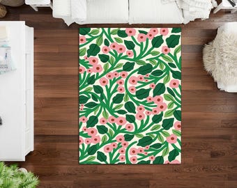 Floral Botanical Rug, Pink Flower Green Leaf Carpet, Modern Spring Pattern Area Rug, Cottagecore Aesthetic Decor, Digital Printed Rug
