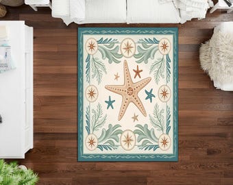 Starfish Coastal Rug Beach House Decor, Washable Marine Rug Anti-Slip,printed rug