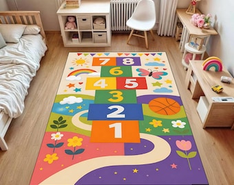 Hopscotch Game Rug, Rainbow Number Nursery Mat,printed rug