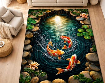 Koi Fish Pond Area Rug, Zen Garden Koi Rug, Japanese Water Garden Carpet, Koi Pond Floor Mat, Nature Decor Living Room Rug,Printed Rug