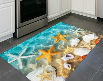 Coastal Kitchen Rug, Beach Theme Runner Rug, Starfish Ocean Mat, Nautical Kitchen Decor, Washable Non Slip Kitchen Carpet,printed rug