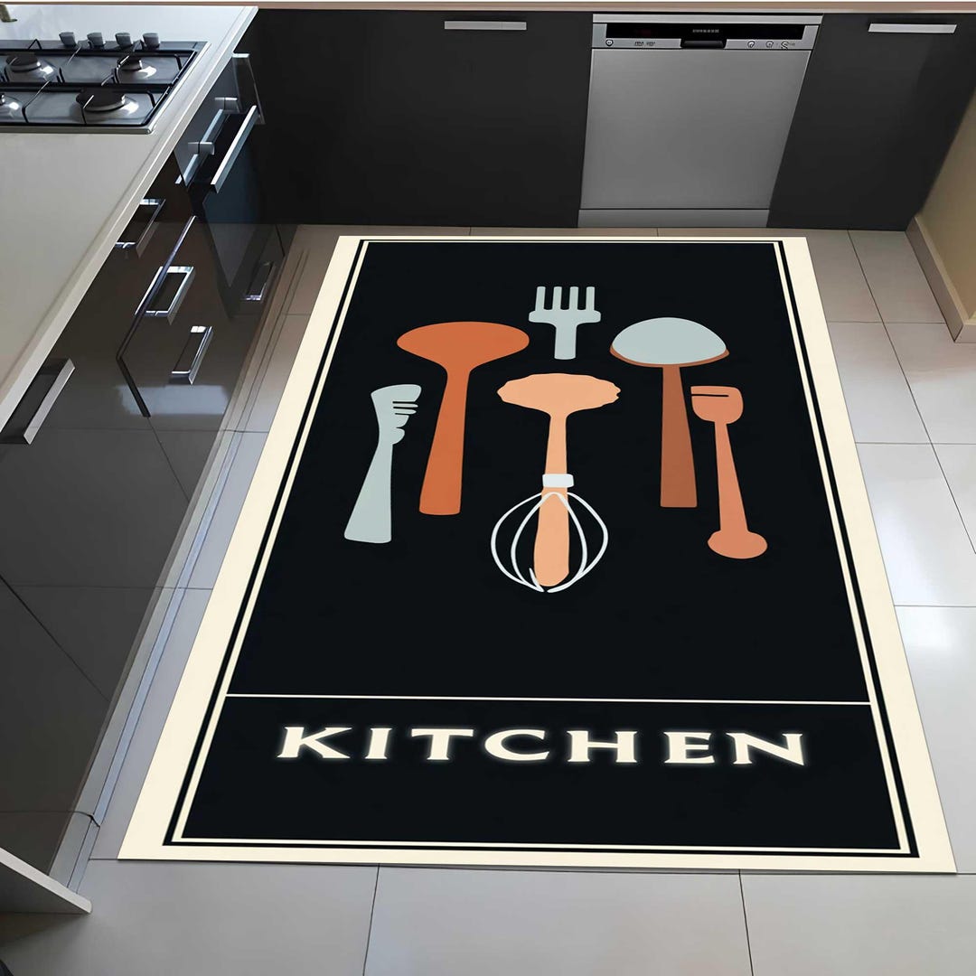Kitchen Dish Rug Minimal Kitchen Rug, Modern Kitchen Decor Rug, Cooking Utensils Area ...