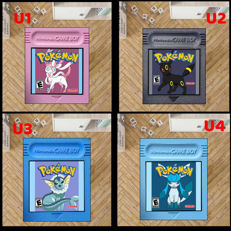 May include: Four Nintendo Game Boy cartridges featuring Pok&eacute;mon characters. Each cartridge has a different color: pink, gray, blue, and light blue. The Pok&eacute;mon logo and a specific character are displayed on each cartridge.