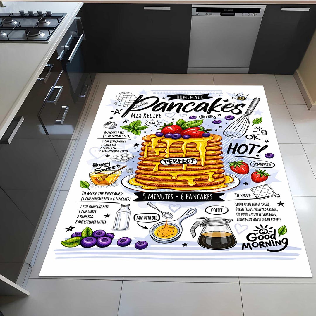 Pancake Recipe Kitchen Rug Illustrated Breakfast Decor, Washable Foodie ...