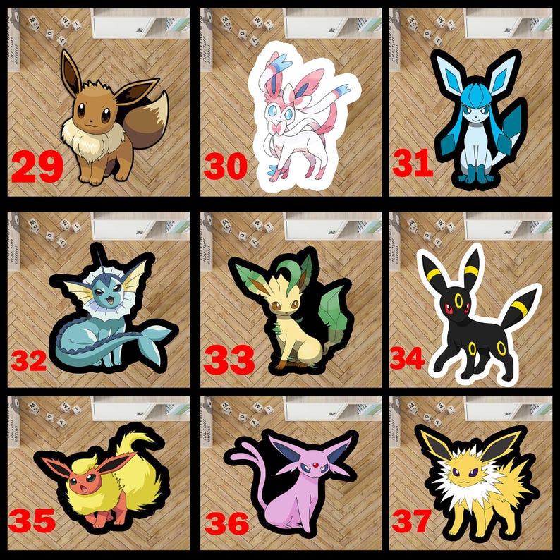 May include: A collection of nine colorful Pok&eacute;mon character stickers. Each sticker features a different Pok&eacute;mon design with a black outline and a white border. Numbers 29 through 37 are printed in red on each sticker.