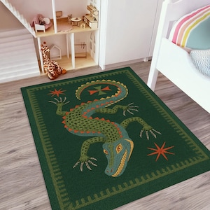Crocodile rug, Green Dinosaur Kids Rug – Playful Reptile Area Carpet for Toddler Room – Tribal Style Lizard Print, Nursery decor