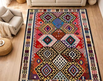 Kilim Style Rug, Boho Tribal Area Rug, Colorful Geometric Carpet, Ethnic Vintage Pattern Rug, Digital Printed Rug Living Room Decor
