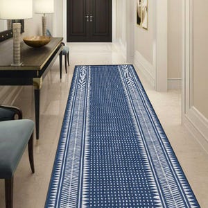 May include: A long rectangular runner rug featuring a deep blue background with a white geometric pattern. The design consists of a central panel with small white dots flanked by two vertical borders displaying a repeating white triangular motif.