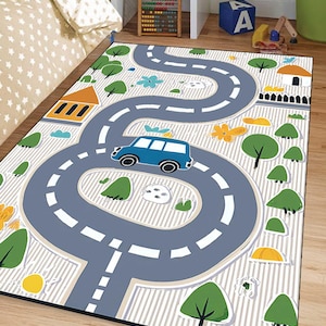 Interactive Kids Car Play Rug – Road Map Carpet with Vehicle Path, Trees and Houses – Soft, Educational & Fun Nursery Floor Mat, custom rug