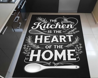 The Kitchen Is The Heart Of The Home Rug,Kitchen Quote Rug,Farmhouse Kitchen Mat,Non Slip Kitchen Rug,Digital Printed Rug,Black White Decor