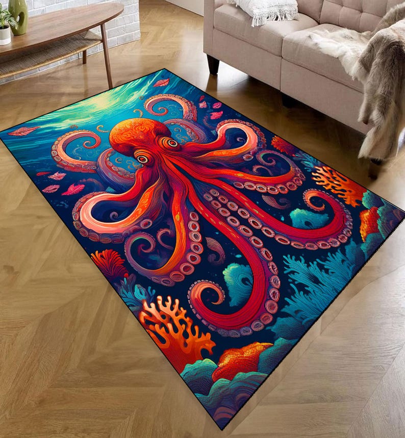 Aquatic Rug Abstract Octopus Art Rug: Modern Nautical Tentacle Carpet - Etsy