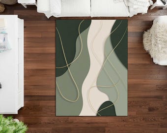 Modern Abstract Sage Green Area Rug, Premium Living Room Rug with Organic Wave Pattern, Large Size Aesthetic Emerald Green Floor Decor