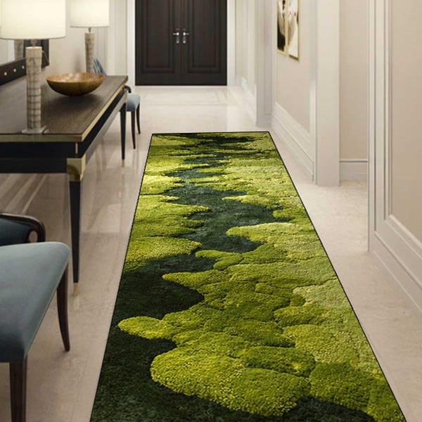 Green Moss Patterned Rug, Botanical Biophilic Home Decor, Runner Rug,printed rug