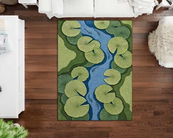 Lily Pad Rug, Koi Pond Botanical Area Rug, Nature Inspired Green Blue Japandi Living Room Carpet, Luxury  rug