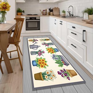 Floral Garden Rug, Flower Pot Area Rug, Spring Garden Decor Carpet, Farmhouse Floral Rug, Colorful Flower Kitchen Floor Mat,printed rug