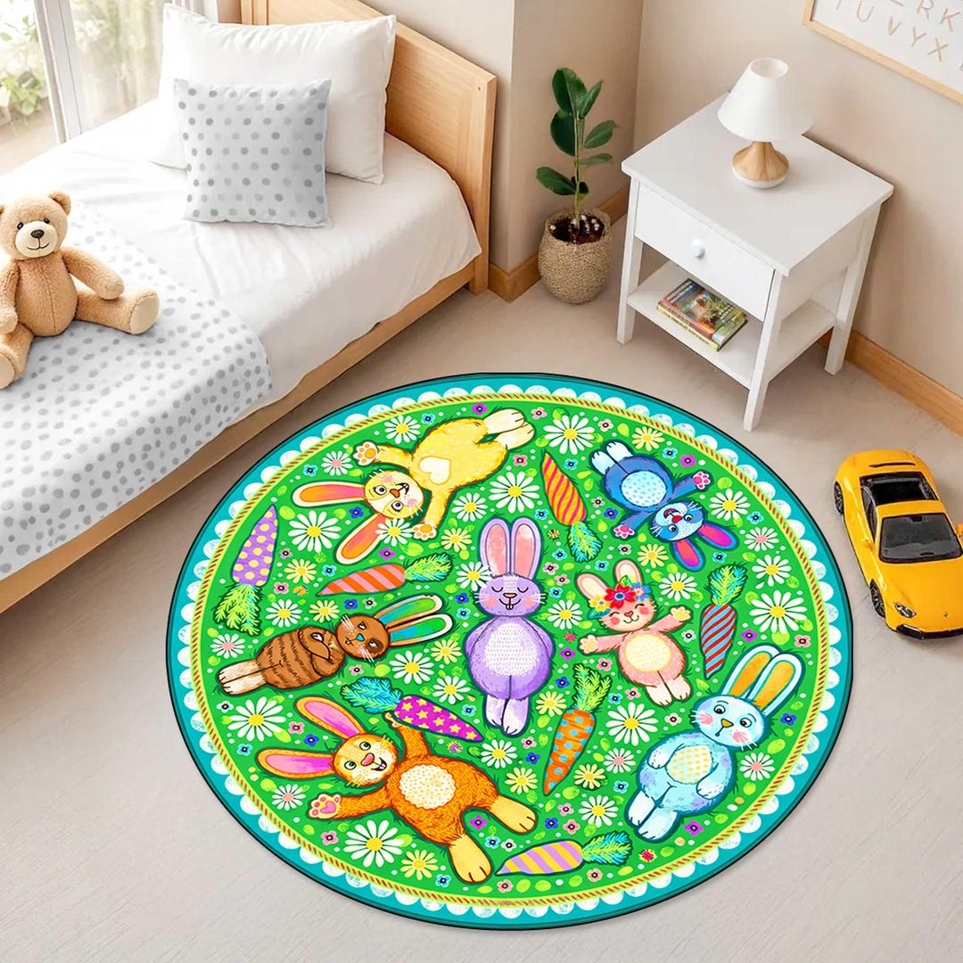 Cute Colorful Rug Bunny Round Rug, Colorful Nursery Playroom Carpet, Non Slip - Etsy UK