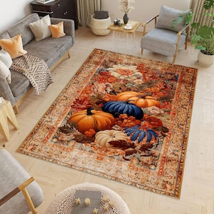 Vintage looked Pumpkin Floral Rug, Autumn Botanical Area Carpet with Persian Pattern, Elegant Fall Decor, Digital Print Harvest Style Rug