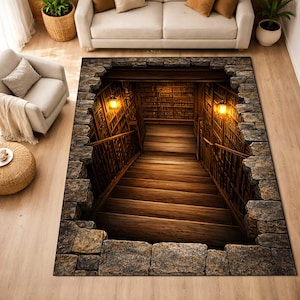 May include: A rectangular area rug featuring a 3D optical illusion print of a stone-bordered opening that reveals a wooden staircase descending into a library. The design includes dark wood bookshelves, warm glowing lanterns, and a stone frame.