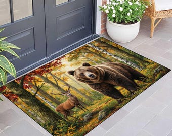 Bear Deer Forest Doormat, Outdoor Wildlife Doormat, Rustic Cabin Doormat, Fall Nature Door Mat, Non Slip Entry Mat, Digital Printed Rug
