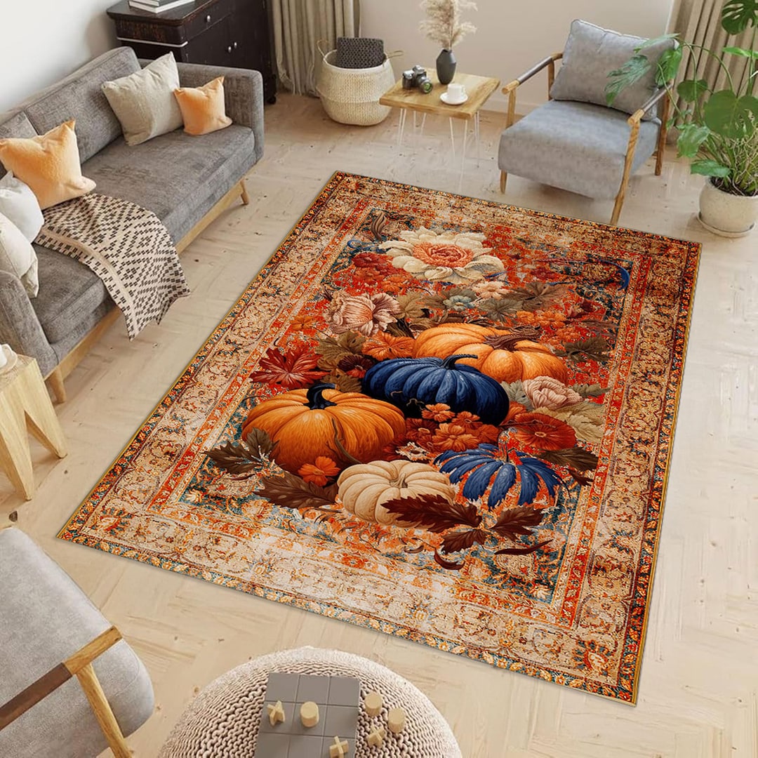 Vintage Looked Pumpkin Floral Rug, Autumn Botanical Area Carpet With ...