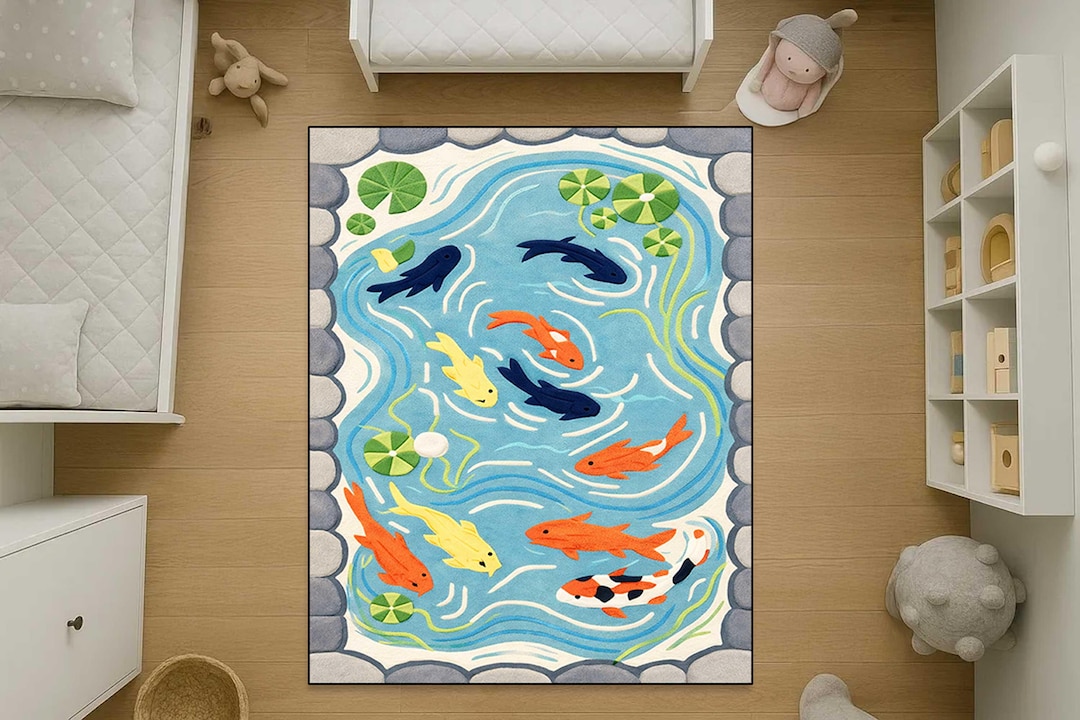 Koi Fish Pond Kids Rug, Aquarium Nursery Carpet, Colorful Playroom Rug ...
