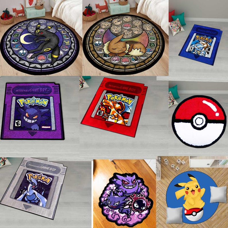 May include: A collection of colorful rugs featuring various Pok&eacute;mon designs. Includes round rugs with Umbreon and Eevee, a Pok&eacute; Ball rug, and rectangular rugs resembling Game Boy cartridges with Pok&eacute;mon characters.