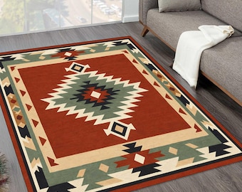 Southwestern Tribal Rug, Aztec Geometric Area Rug, Rustic Boho Carpet, Navajo Style Pattern Rug, Digital Printed Rug Living Room Decor