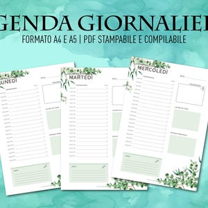 May include: Daily planner pages with the text "AGENDA GIORNALIERA" and "FORMATO A4 E A5 | PDF STAMPABILE E COMPILABILE". The pages are white with green accents and eucalyptus illustrations. Each page is labeled with a day of the week.