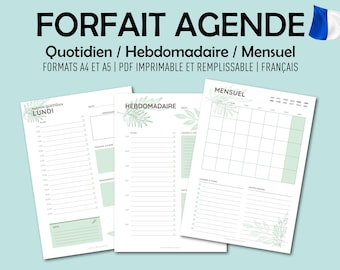 May include: A set of printable planner pages in A4 and A5 formats. The pages include daily, weekly, and monthly layouts with a light green botanical design. The text on the pages is in French.
