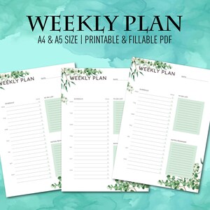 Può includere: Tre pagine di pianificatore settimanale stampabili con un design floreale. Le pagine sono etichettate "Pianificazione settimanale" e includono sezioni per "Settimana del", "Lista di cose da fare" e "Note e promemoria".