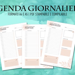 May include: Three printable daily planner pages in A4 and A5 format. The pages are white with black text and a light pink background. The days of the week are labeled in Italian: Lunedì (Monday), Martedì (Tuesday), and Mercoledì (Wednesday).