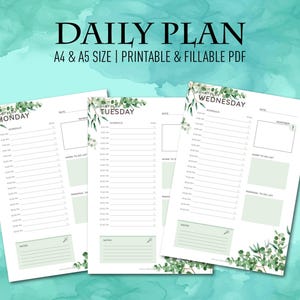 Può includere: Pagine di pianificatore giornaliero stampabili con un design floreale. Le pagine sono etichettate Lunedì, Martedì, Mercoledì e hanno spazio per appunti e liste di cose da fare.