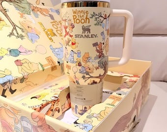 Bicchiere Stanley da 40 oz con Winnie the Pooh inciso al laser, design stampato al laser, incisione del nome personalizzato, confezione regalo inclusa.
