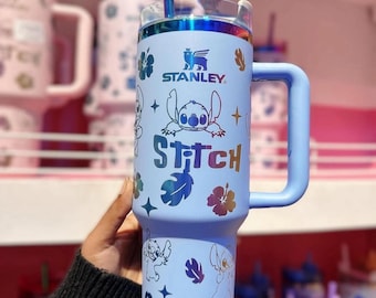 Custom Laser Lilo & Stitch Stanley Tumbler Cup – 40oz Quencher, Leakproof Lid, Double-Wall, Cute Gift for Her, Summer Water Bottle
