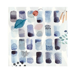 Blaue Blätter Aquarell Kunstdruck: Abstraktes skandinavisches Dekor