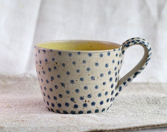 MADE TO ORDER Navy yellow large mug, Coffee Tea Soup Ramen mug with handle, Handmade polka dot pattern pottery, Large hygge mug navy blue