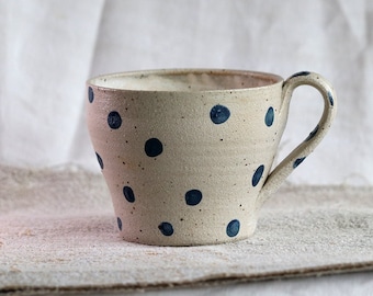 MADE TO ORDER Navy ivory large mug, Coffee Tea Soup Ramen mug with handle, Handmade polka dot pattern pottery, Large hygge mug navy blue