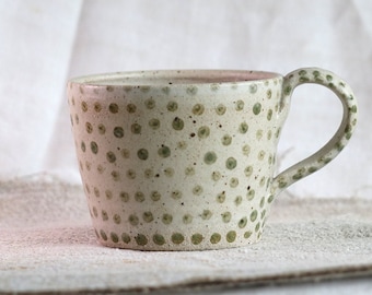MADE TO ORDER Green ivory large mug, Coffee Tea Soup Ramen mug with handle, Handmade polka dot pattern pottery, Large hygge mug light green