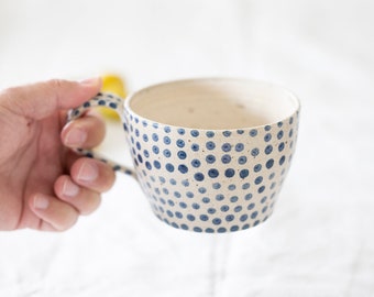 MADE TO ORDER Blue white large mug, Coffee Tea Soup Ramen cup with handle, Handmade polka dot pottery, Large hygge mug with blue pattern