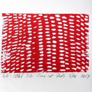 puntos papel linocut original lluvia roja composición abstracta lino contemporáneo bellas artes escandinavo