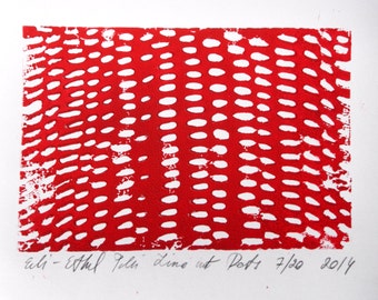 dots paper linocut original red rain abstract composition lino contemporary fine art scandinavian