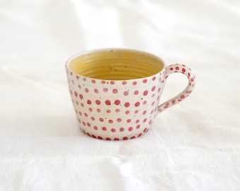 MADE TO ORDER Red yellow large mug, Coffee Tea Soup Ramen mug with handle, Handmade polka dot pattern pottery, Large hygge mug light green
