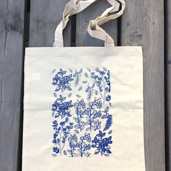 Tote bag with berries, Cotton tote, Garden tote bag, Handmade tote, Forest plants tote, Blue tote, Gift, Screen printed tote, No to plastic