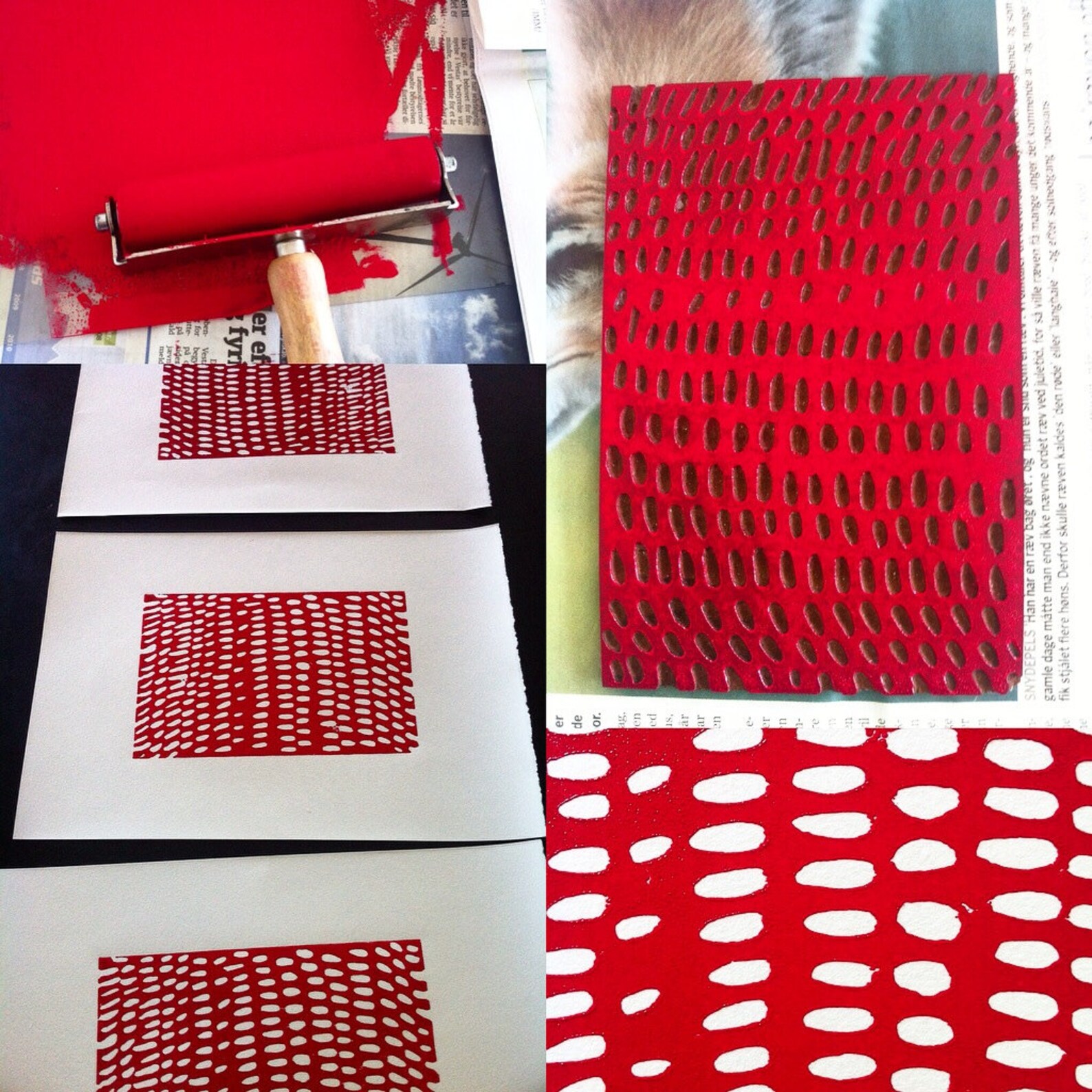 Dots Paper Linocut Original Red Rain Abstract Composition Lino Etsy