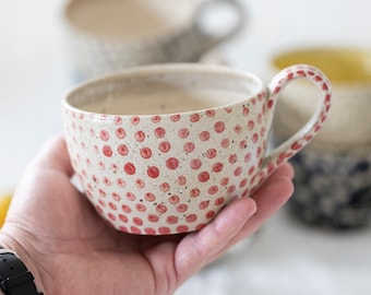 MADE TO ORDER Red white large mug, Coffee Tea Soup Ramen cup with handle, Handmade polka dots pottery, Large red hygge mug, Polli Pots mug