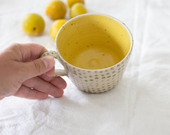 MADE TO ORDER Green yellow large mug, Coffee Tea Soup Ramen mug with handle, Handmade polka dot pattern pottery, Large hygge mug light green