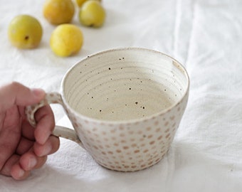 MADE TO ORDER Beige white large mug, Coffee Tea Soup Ramen mug with handle, Handmade polka dot pattern pottery, Large hygge mug light brown