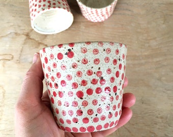 MADE TO ORDER  little tumbler, Pottery gift, Red white cup, Handmade Coffee Gift for her, Farmhouse style cup, Unique beaker, polka dots